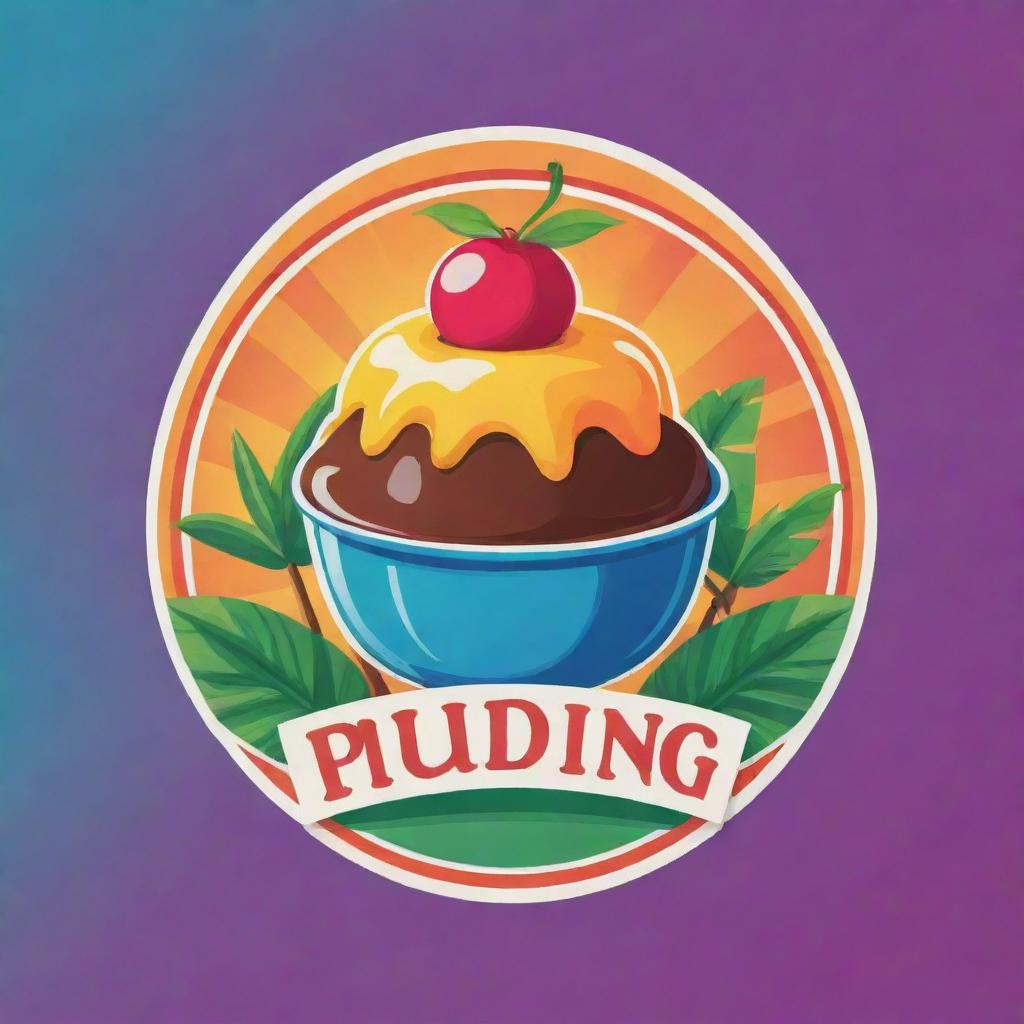 A vibrant, colorful logo for a pudding business, showcasing a tropical paradise theme with luscious pudding and tropical elements incorporated.