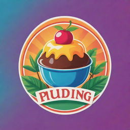 A vibrant, colorful logo for a pudding business, showcasing a tropical paradise theme with luscious pudding and tropical elements incorporated.