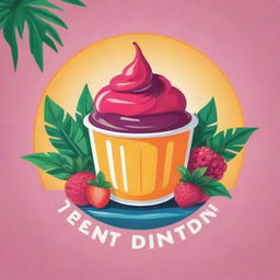 A vibrant, colorful logo for a pudding business, showcasing a tropical paradise theme with luscious pudding and tropical elements incorporated.