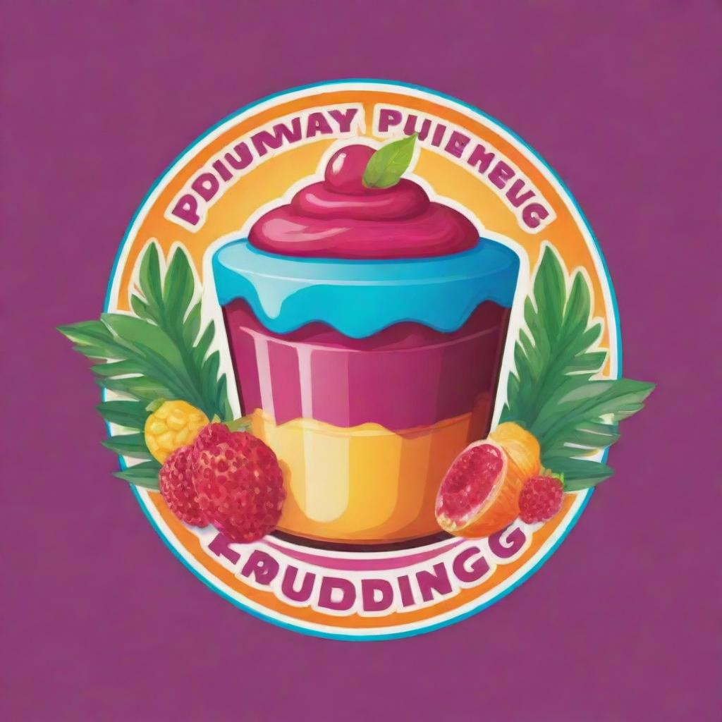 A vibrant, colorful logo for a pudding business, showcasing a tropical paradise theme with luscious pudding and tropical elements incorporated.