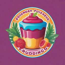 A vibrant, colorful logo for a pudding business, showcasing a tropical paradise theme with luscious pudding and tropical elements incorporated.