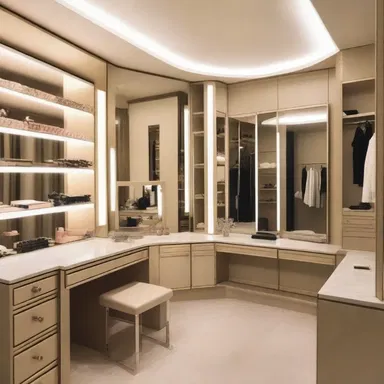 The architect designed a luxurious dressing room with a built-in vanity mirror where makeup, including mascara, could be applied.
