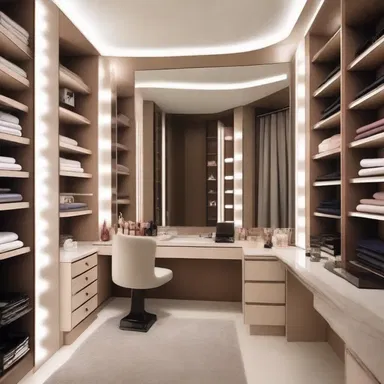 The architect designed a luxurious dressing room with a built-in vanity mirror where makeup, including mascara, could be applied.