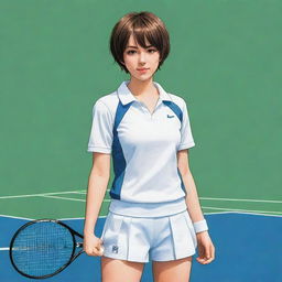 A Manga-style illustration of a girl with short hair, dressed in a tennis outfit