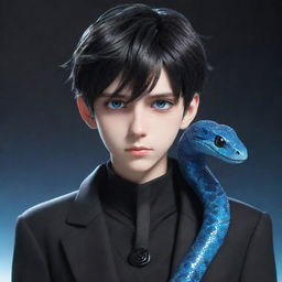 A 3D anime-style boy featuring a serious expression, dressed in black aesthetic attire, sparkling with striking blue eyes, and an icy snake coiled around his neck.