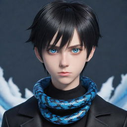 A 3D anime-style boy featuring a serious expression, dressed in black aesthetic attire, sparkling with striking blue eyes, and an icy snake coiled around his neck.