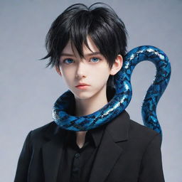 A 3D anime-style boy featuring a serious expression, dressed in black aesthetic attire, sparkling with striking blue eyes, and an icy snake coiled around his neck.