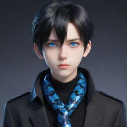 A 3D anime-style boy featuring a serious expression, dressed in black aesthetic attire, sparkling with striking blue eyes, and an icy snake coiled around his neck.