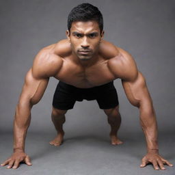 A tall martial artist of Indian origin, performing push-ups with incredibly large muscles. His biceps, abs, legs, triceps, and leg muscles are all extraordinarily prominent and well-defined.