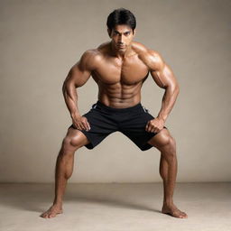 A tall martial artist of Indian origin, performing push-ups with incredibly large muscles. His biceps, abs, legs, triceps, and leg muscles are all extraordinarily prominent and well-defined.