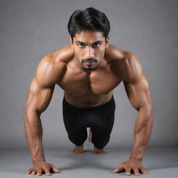 A tall martial artist of Indian origin, performing push-ups with incredibly large muscles. His biceps, abs, legs, triceps, and leg muscles are all extraordinarily prominent and well-defined.