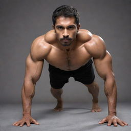 A tall martial artist of Indian origin, performing push-ups with incredibly large muscles. His biceps, abs, legs, triceps, and leg muscles are all extraordinarily prominent and well-defined.