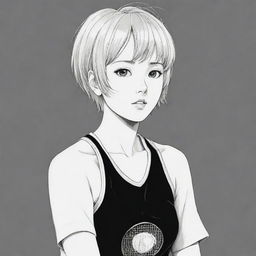 Black and white Manga-style illustration of a girl with short hair, dressed in a tennis outfit