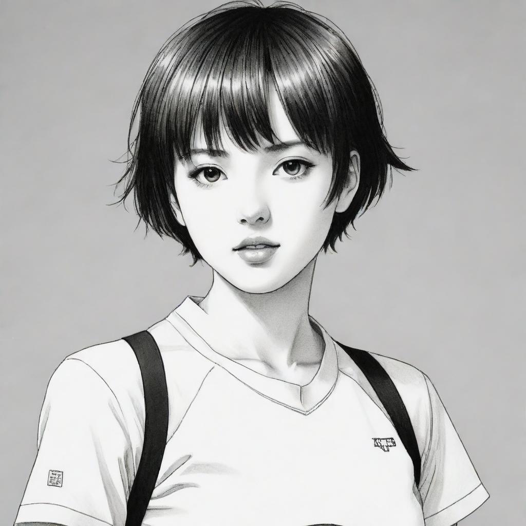 Black and white Manga-style illustration of a girl with short hair, dressed in a tennis outfit