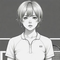 Black and white Manga-style illustration of a girl with short hair, dressed in a tennis outfit