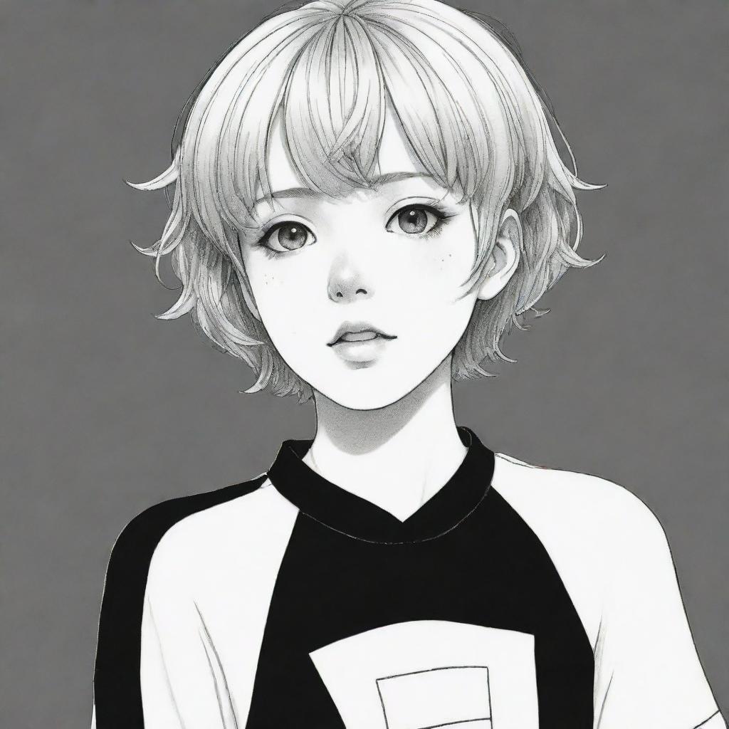 Black and white Manga-style illustration of a girl with short hair, dressed in a tennis outfit