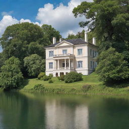 An elegant three-storey mansion surrounded by lush green trees under a cloudy blue sky, situated near a tranquil lake.