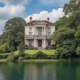 An elegant three-storey mansion surrounded by lush green trees under a cloudy blue sky, situated near a tranquil lake.