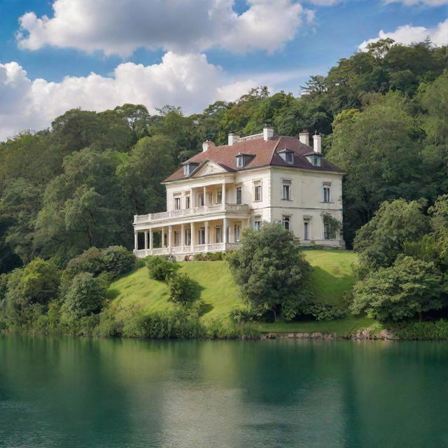 An elegant three-storey mansion surrounded by lush green trees under a cloudy blue sky, situated near a tranquil lake.