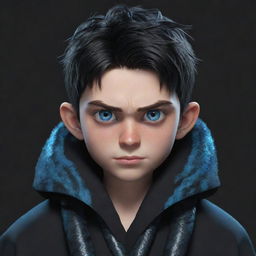 An animated boy depicting an angry facial expression, robed in black aesthetic clothing, adorned with piercing blue eyes, and an ice snake wrapped around his neck.