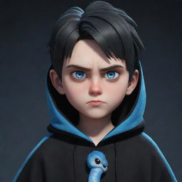 An animated boy depicting an angry facial expression, robed in black aesthetic clothing, adorned with piercing blue eyes, and an ice snake wrapped around his neck.