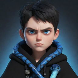 An animated boy depicting an angry facial expression, robed in black aesthetic clothing, adorned with piercing blue eyes, and an ice snake wrapped around his neck.