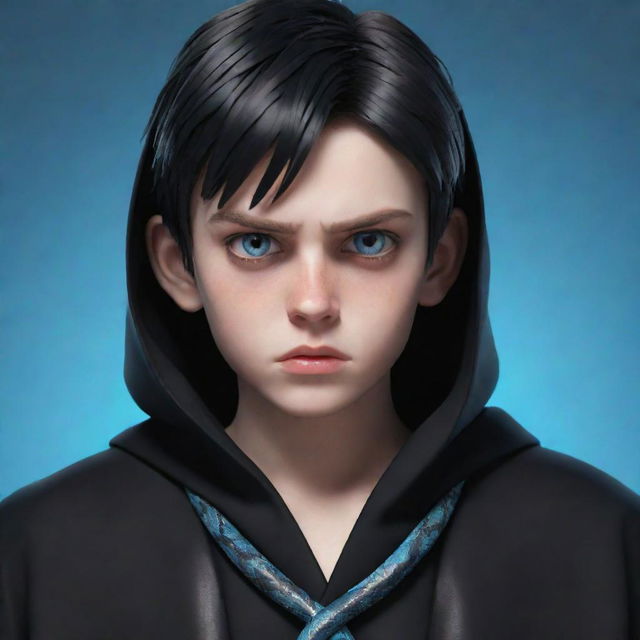 An animated boy depicting an angry facial expression, robed in black aesthetic clothing, adorned with piercing blue eyes, and an ice snake wrapped around his neck.