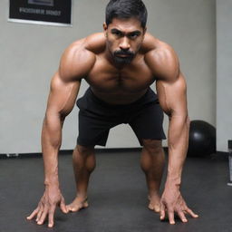 A tall, 150kg martial artist of Indian origin, doing push-ups revealing large muscles equivalent to those capable of a 500kg deadlift. Despite his massive size, he maintains incredible physical agility and effectiveness.