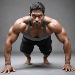 A tall, 150kg martial artist of Indian origin, doing push-ups revealing large muscles equivalent to those capable of a 500kg deadlift. Despite his massive size, he maintains incredible physical agility and effectiveness.