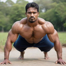 A tall, 150kg martial artist of Indian origin, doing push-ups revealing large muscles equivalent to those capable of a 500kg deadlift. Despite his massive size, he maintains incredible physical agility and effectiveness.