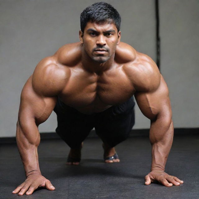 A tall, 150kg martial artist of Indian origin, doing push-ups revealing large muscles equivalent to those capable of a 500kg deadlift. Despite his massive size, he maintains incredible physical agility and effectiveness.