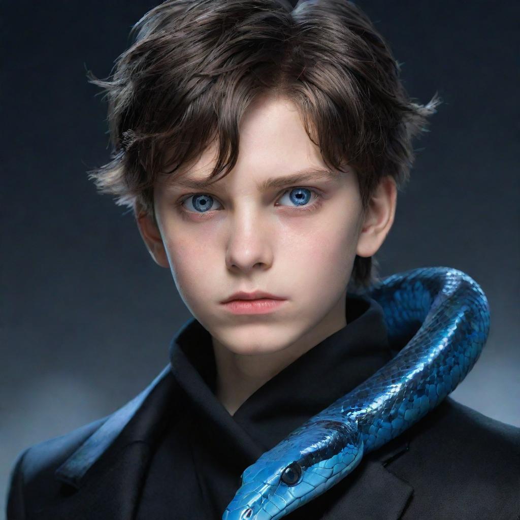 An animated boy with a serious expression, clad in black aesthetic attire, possessing captivating blue eyes, and accompanied by an icy snake curled around his neck.