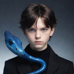 An animated boy with a serious expression, clad in black aesthetic attire, possessing captivating blue eyes, and accompanied by an icy snake curled around his neck.