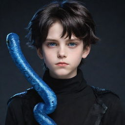 An animated boy with a serious expression, clad in black aesthetic attire, possessing captivating blue eyes, and accompanied by an icy snake curled around his neck.