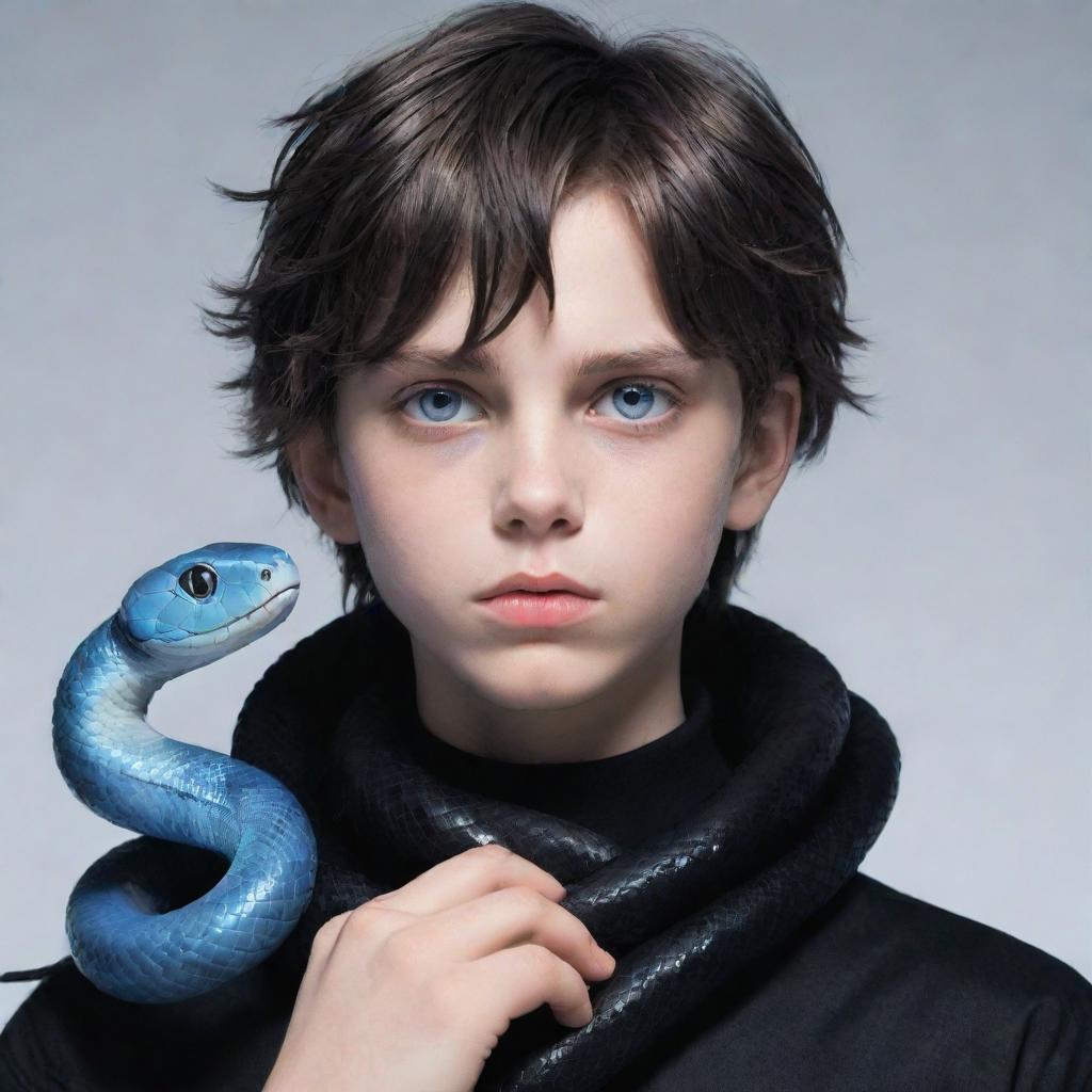 An animated boy with a serious expression, clad in black aesthetic attire, possessing captivating blue eyes, and accompanied by an icy snake curled around his neck.