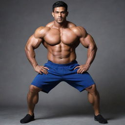 A tall martial artist of Indian origin with enormous muscles, doing push-ups. His biceps, abs, legs, triceps, and leg muscles resemble those capable of a 500kg deadlift. Weighing 150kg, he has an impressively large chest.