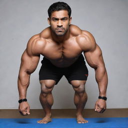 A tall martial artist of Indian origin with enormous muscles, doing push-ups. His biceps, abs, legs, triceps, and leg muscles resemble those capable of a 500kg deadlift. Weighing 150kg, he has an impressively large chest.