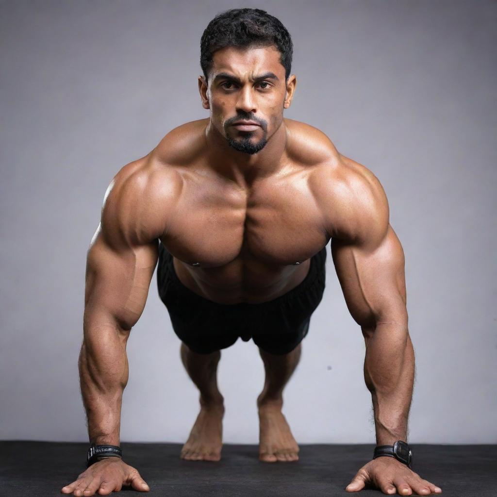 A tall martial artist of Indian origin with enormous muscles, doing push-ups. His biceps, abs, legs, triceps, and leg muscles resemble those capable of a 500kg deadlift. Weighing 150kg, he has an impressively large chest.