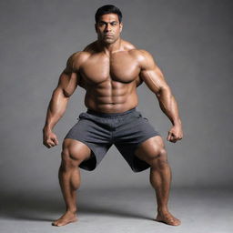 A tall martial artist of Indian origin with enormous muscles, doing push-ups. His biceps, abs, legs, triceps, and leg muscles resemble those capable of a 500kg deadlift. Weighing 150kg, he has an impressively large chest.