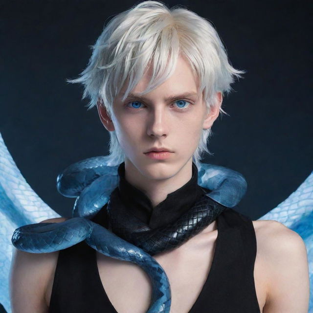 Anime-styled boy with a serious expression, clad in black aesthetic attire, flaunting enchanting blue eyes, with an immaculate ice snake spiraling around his neck.