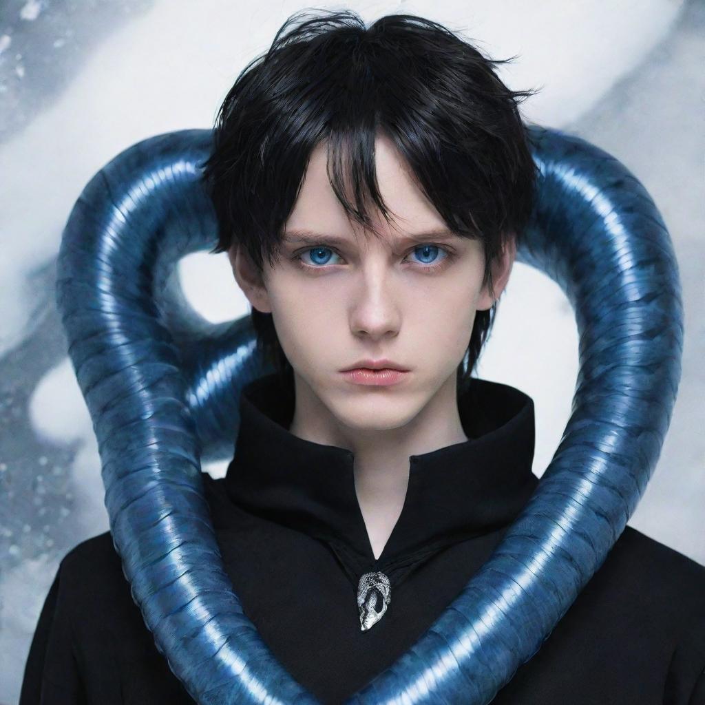 Anime-styled boy with a serious expression, clad in black aesthetic attire, flaunting enchanting blue eyes, with an immaculate ice snake spiraling around his neck.