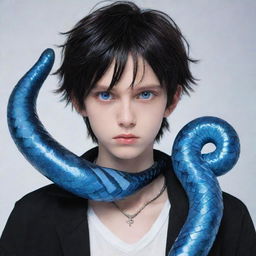 Anime-styled boy with a serious expression, clad in black aesthetic attire, flaunting enchanting blue eyes, with an immaculate ice snake spiraling around his neck.