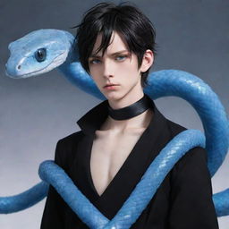 Anime-styled boy with a serious expression, clad in black aesthetic attire, flaunting enchanting blue eyes, with an immaculate ice snake spiraling around his neck.