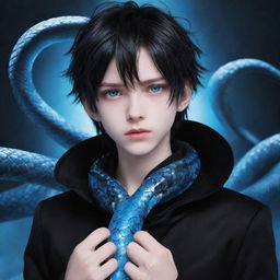 Anime-inspired boy clad in black aesthetic attire, revealing vibrant blue eyes, with a shimmering ice snake entwined around his neck.