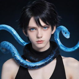 Anime-inspired boy clad in black aesthetic attire, revealing vibrant blue eyes, with a shimmering ice snake entwined around his neck.