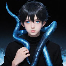 Anime-inspired boy clad in black aesthetic attire, revealing vibrant blue eyes, with a shimmering ice snake entwined around his neck.