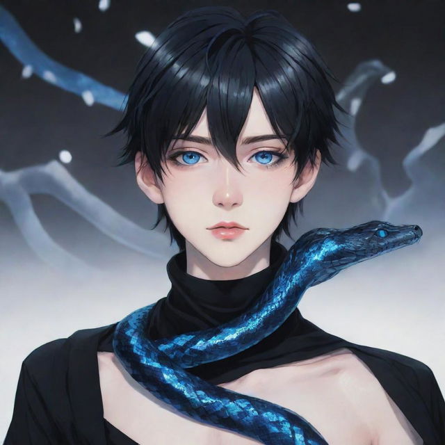 Anime-inspired boy clad in black aesthetic attire, revealing vibrant blue eyes, with a shimmering ice snake entwined around his neck.