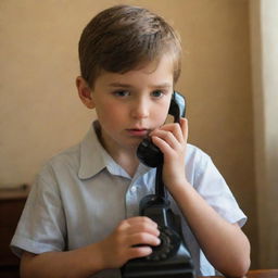 A young boy engrossed in a conversation on an old-fashioned telephone, surrounded by a soft, warm light.