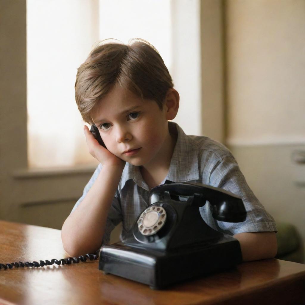 A young boy engrossed in a conversation on an old-fashioned telephone, surrounded by a soft, warm light.