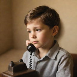 A young boy engrossed in a conversation on an old-fashioned telephone, surrounded by a soft, warm light.